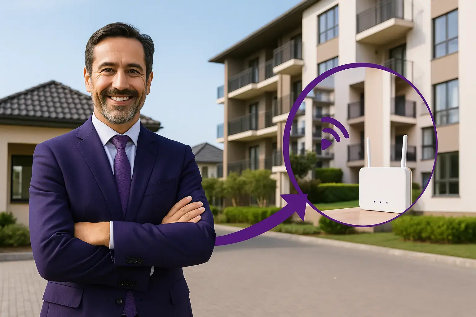 Businessman in a purple suit pointing to the Business Internet section of Screamer Telecoms, promoting SME fibre, dedicated internet, and enterprise connectivity services in South Africa.