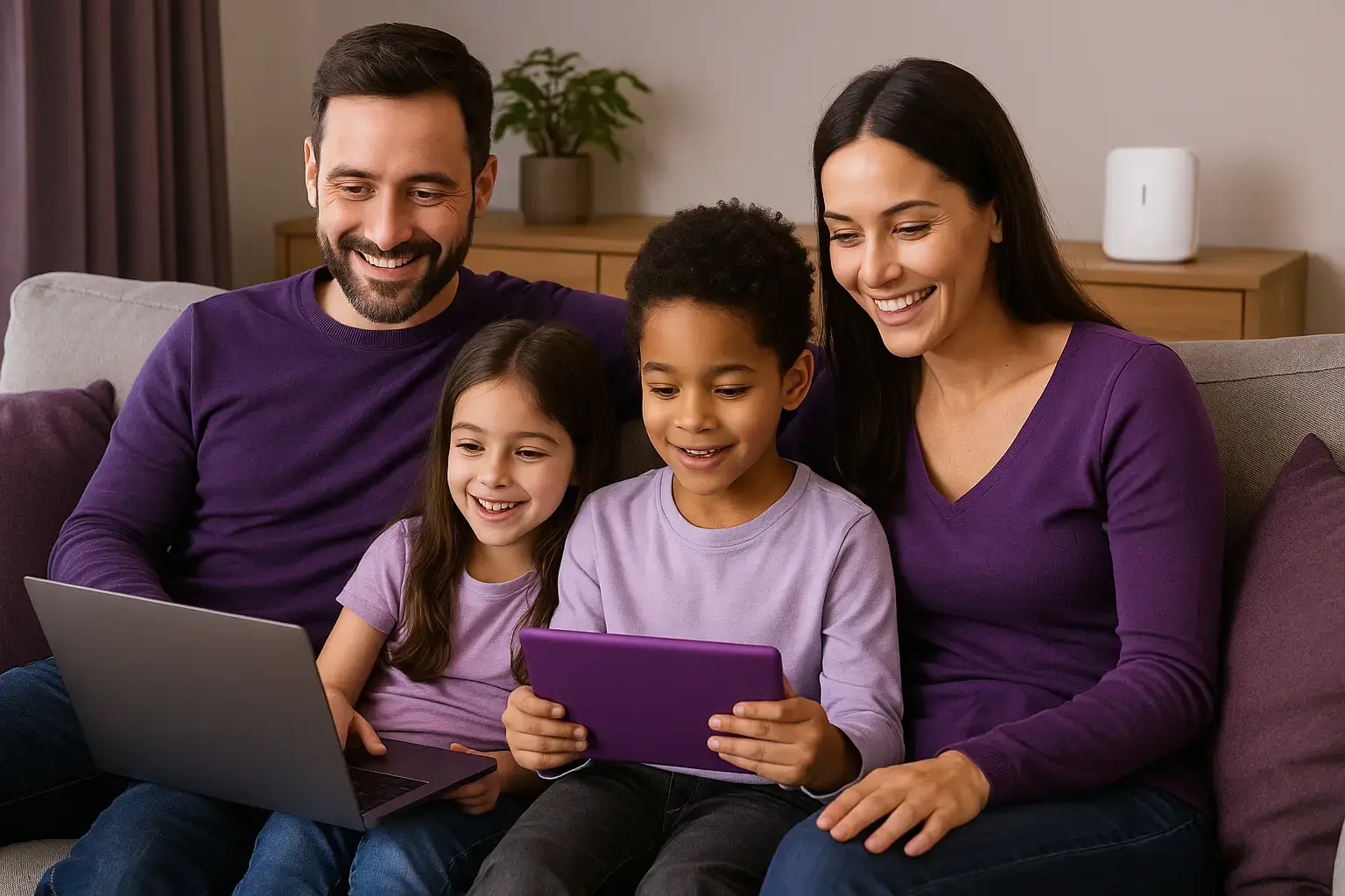Family of four enjoying high-speed fibre internet in their apartment unit, using Wi-Fi powered by Screamer Telecoms—ideal for streaming, remote work, and smart home connectivity in South Africa.