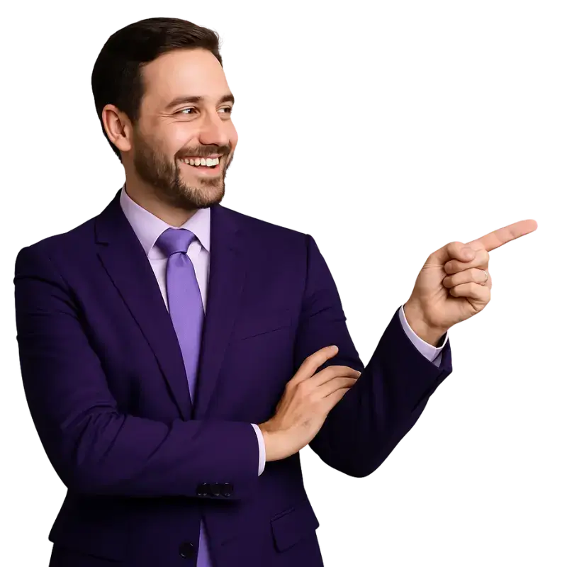 Businessman in a purple suit pointing to the Business Internet section of Screamer Telecoms, promoting SME fibre, dedicated internet, and enterprise connectivity services in South Africa.