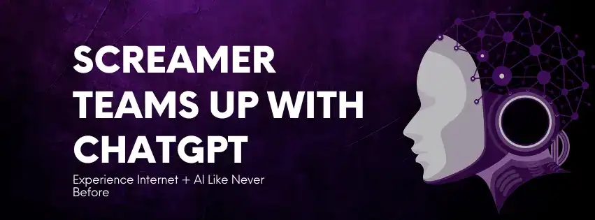 Screamer teams up with ChatGPT — futuristic AI head silhouette with neural network nodes on a deep purple background, promoting next-generation internet and artificial intelligence experience.