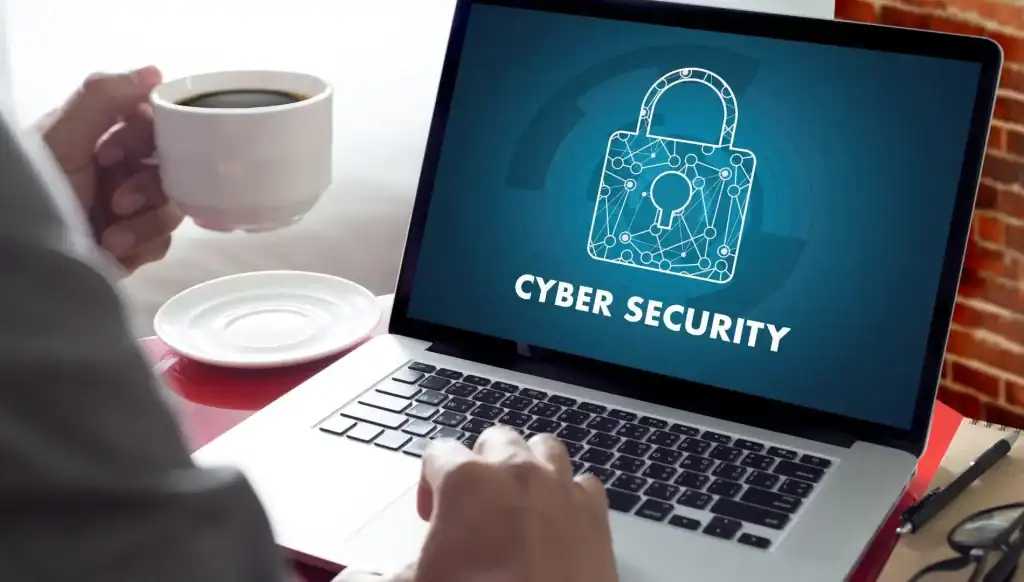 Laptop screen showing a lock and ‘Cyber Security,’ representing Screamer Telecoms business security, data protection and continuity.
