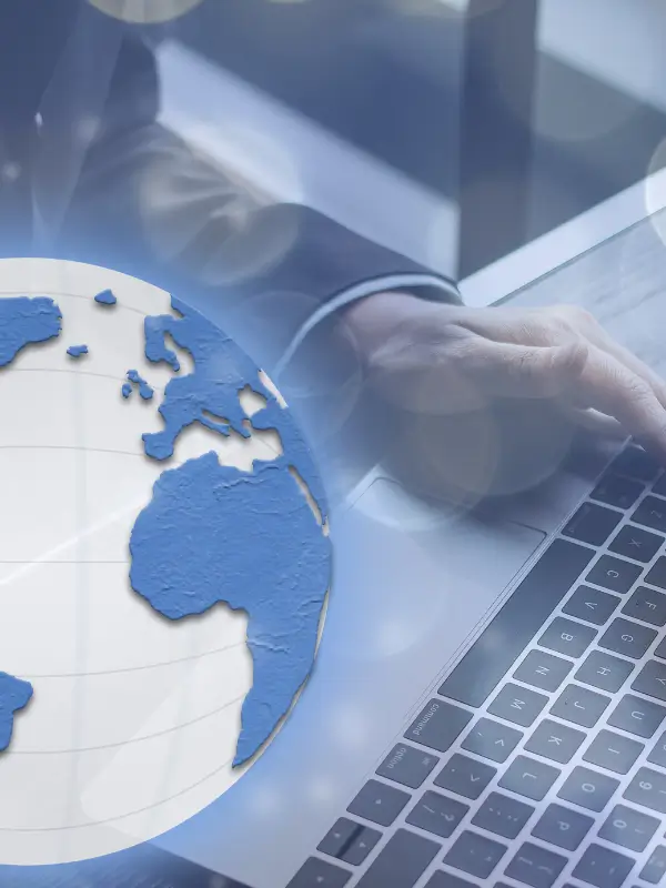 Small business connectivity solutions with global network and laptop keyboard