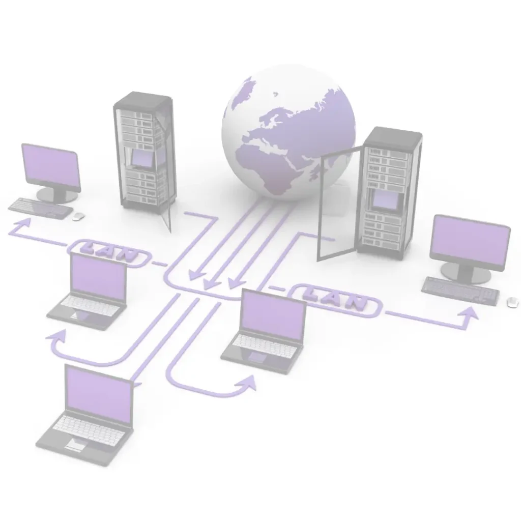 Managed WAN diagram: eight branch laptops connected to a central hub in a star topology, illustrating SD-WAN connectivity Screamer Telecoms