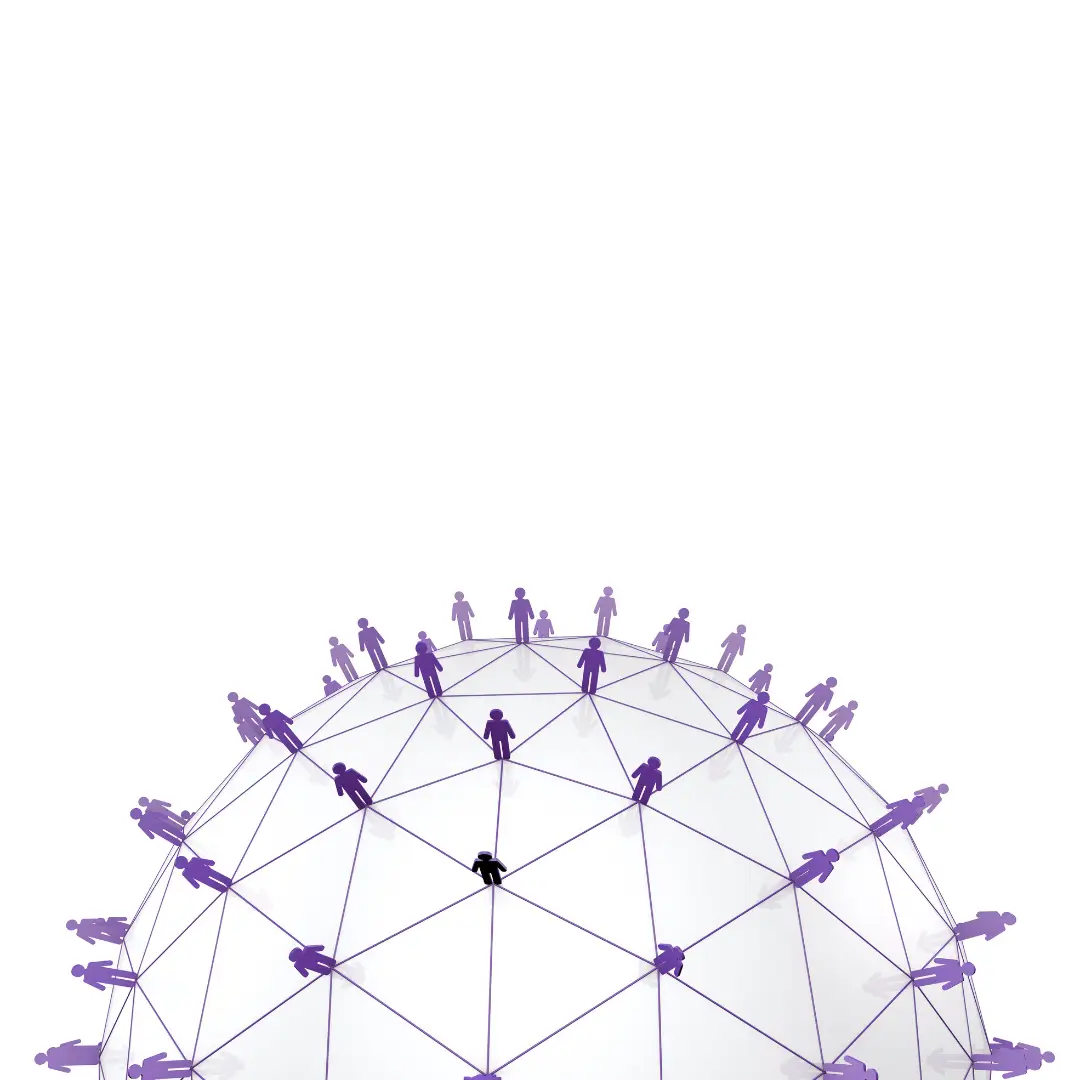 Global network graphic: purple people icons linked across a geodesic globe, illustrating connected teams and wide-area connectivity.