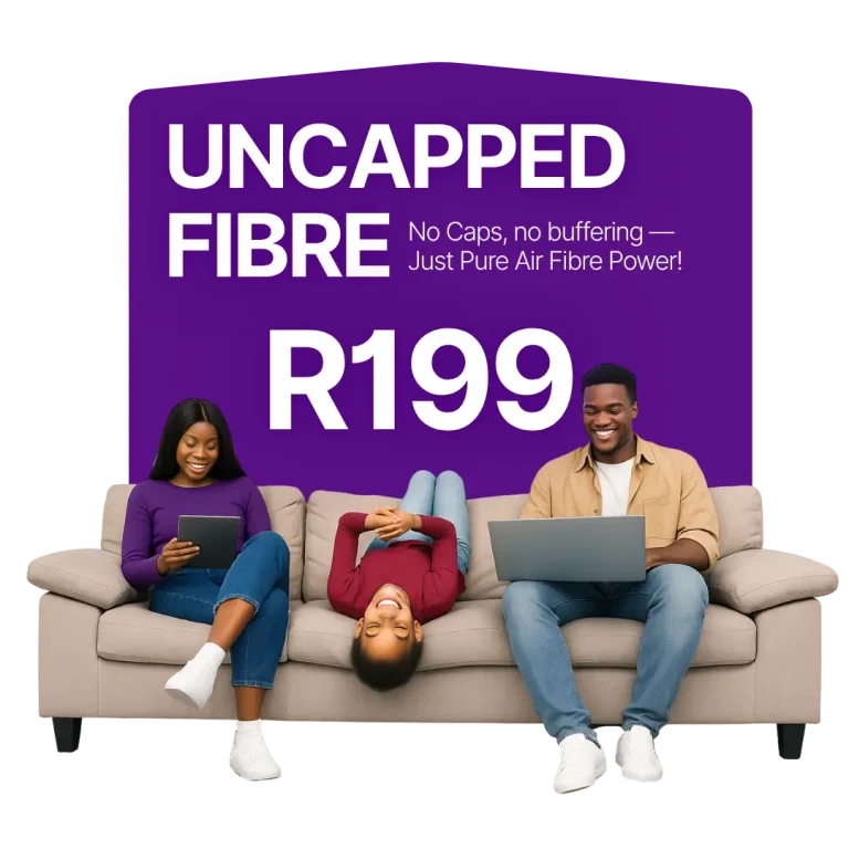 alt="Screamer Telecoms promo: uncapped fibre R199, family streaming on laptop and tablet at home."